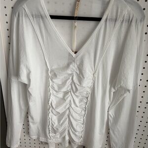 XCVI White V-Neck Ruched Long Sleeve Top